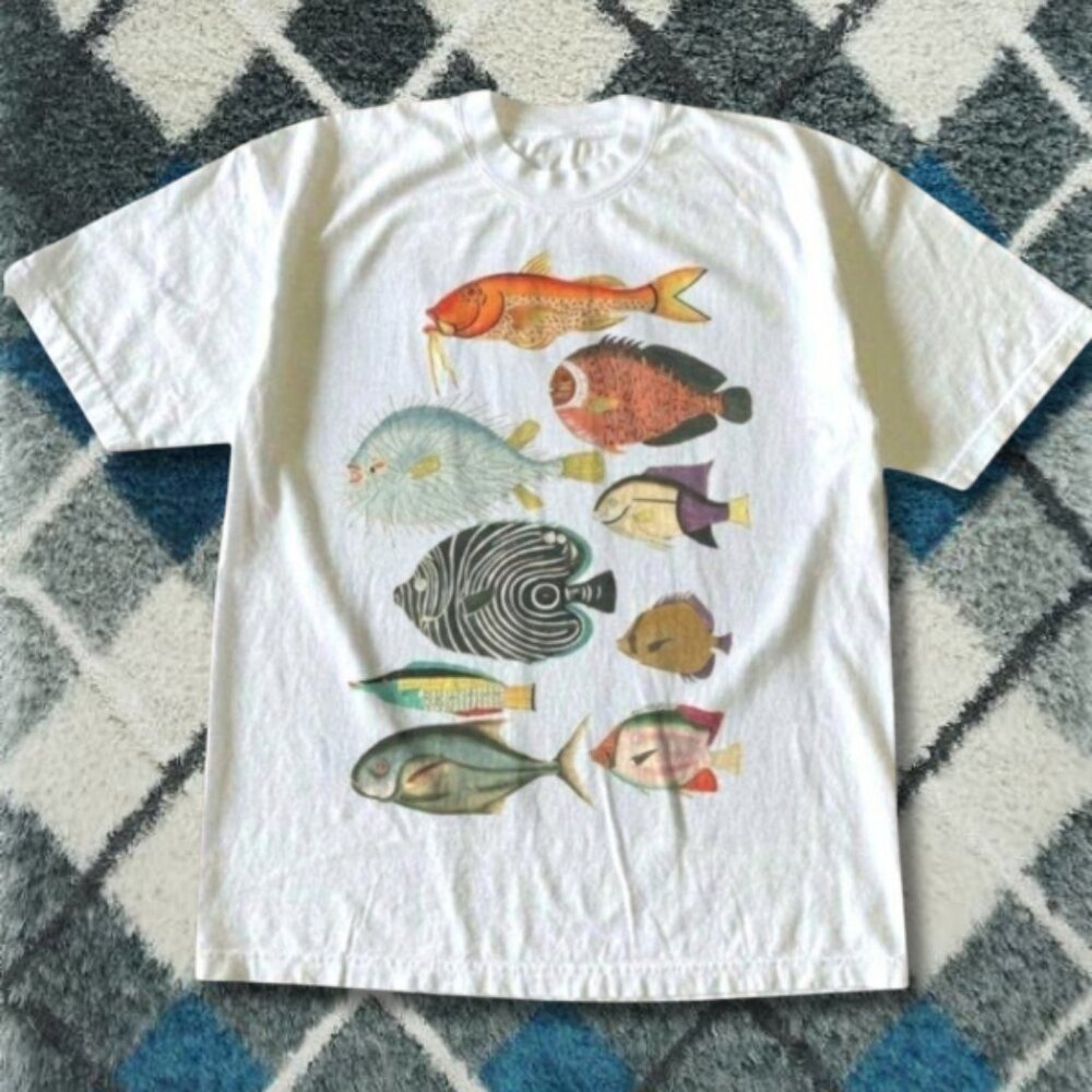 White-Vintage Fish Illustration Marine Life Art Graphic Tee